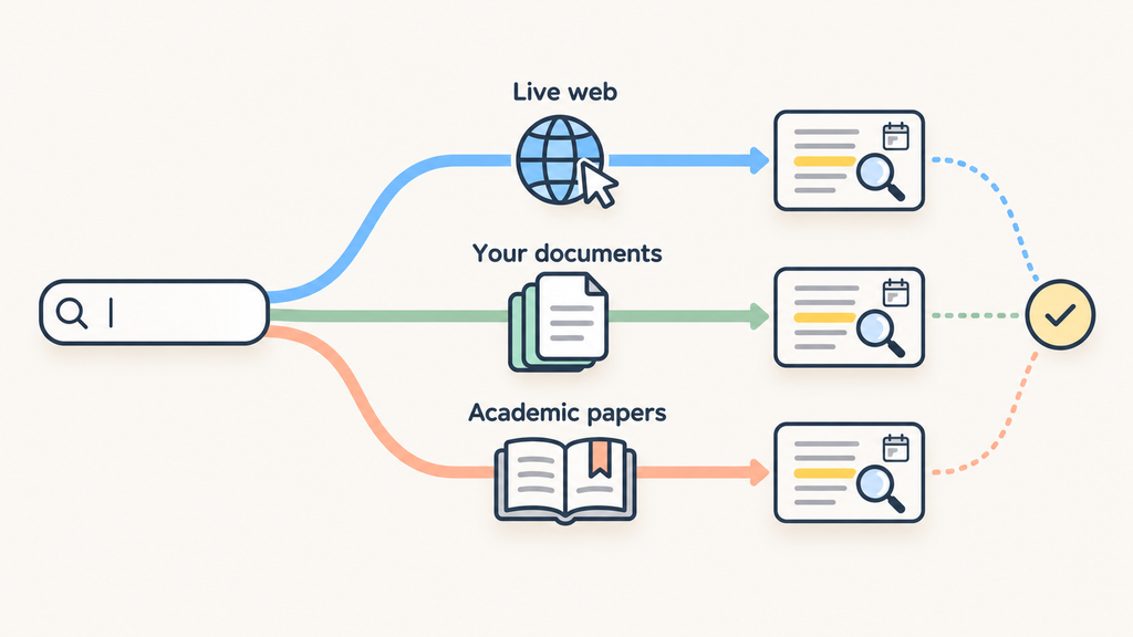 A search branches into three research paths: live web, selected documents, and academic papers