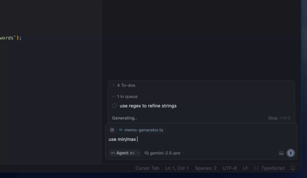 Cursor Agent demo showing a queued coding request, a TypeScript file reference, and a follow-up prompt.