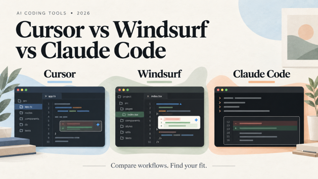 Cursor vs Windsurf vs Claude Code illustration showing three coding workspaces for the 2026 comparison.