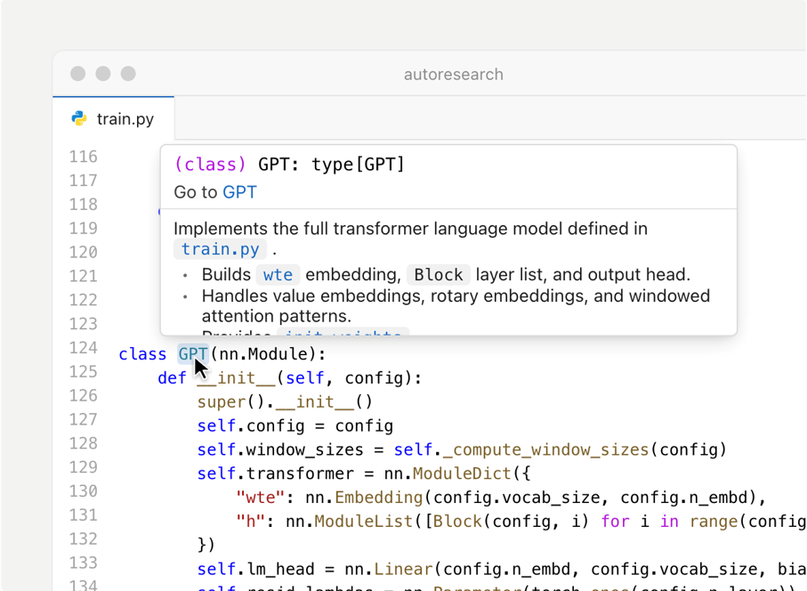 ): Windsurf successor Devin Desktop showing Python code, inline type information, and a Go to Definition popover.